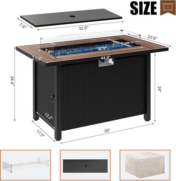 45 inch Propane Fire Pit Table, 50,000 BTU Outdoor Gas Fire Pit Table with Lid, Glass Wind Guard, Waterproof Cover, Rectangle Gas Firepit Table for Garden/Patio(Walunt)