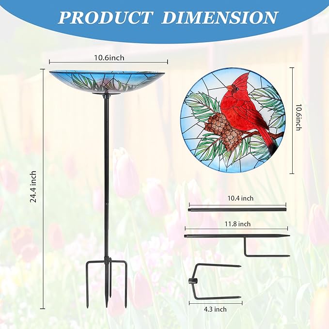 Bird Baths for Outdoors, Glass Birdbaths Outdoor Garden Birdfeeder with Metal Stake for Lawn Yard Decor, 24 Inch Height, Cardinal