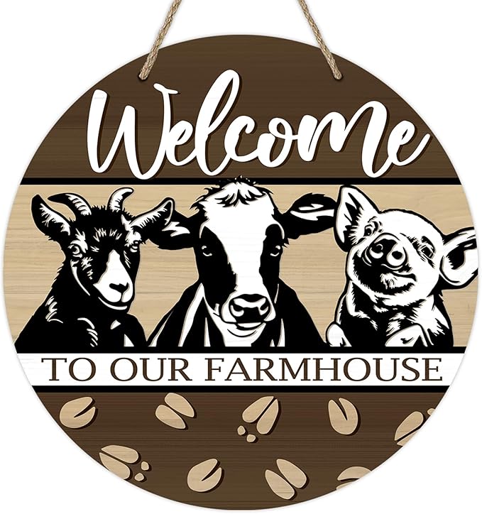 Deroro Welcome To Our Farmhouse Front Door Sign, Farm Animals Cow Pig Goat Wood Door Hanger Outdoor Outside Porch Decor, Rustic Wooden Wreath Indoor Wall Hanging Decoration