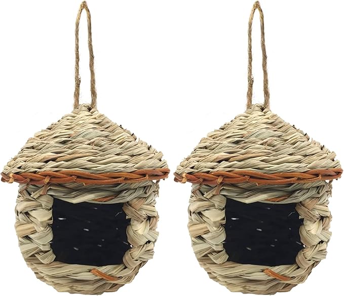 Gute Hummingbird House, Grass Hand Woven Birdhouses for Outdoors Hanging, Natural Bird Hut for Outside, Bird Houses for Audubon Finch Canary Chickadee - Set of 2