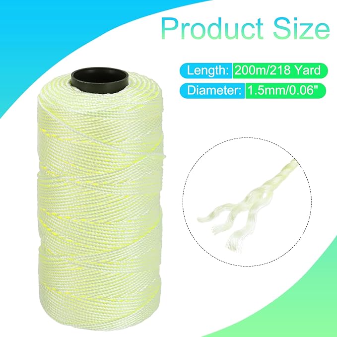 MECCANIXITY Nylon String 3 Strands Twisted Mason Line 1.5mm x 218 Yards Nylon Twine String for DIY Projects, Home Improvement, Gardening, Gift Wrapping, Christmas Party Supplies, Light Yellow