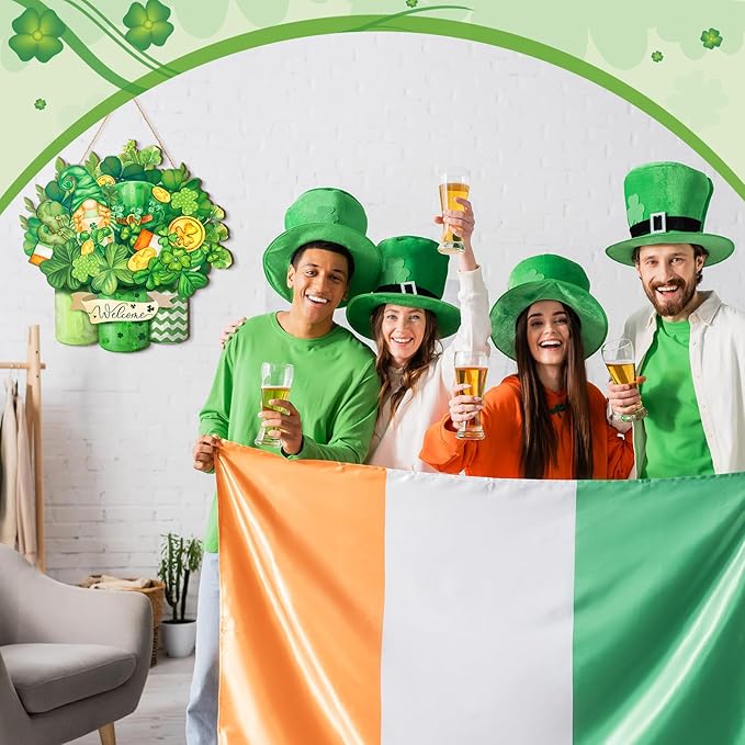 Juexica St. Patrick's Day Welcome Sign Wood Sign Irish Front Door Decor Wood Hanging Door Sign Outdoor Wooden Front Door Decorations for Farmhouse Porch Decoration
