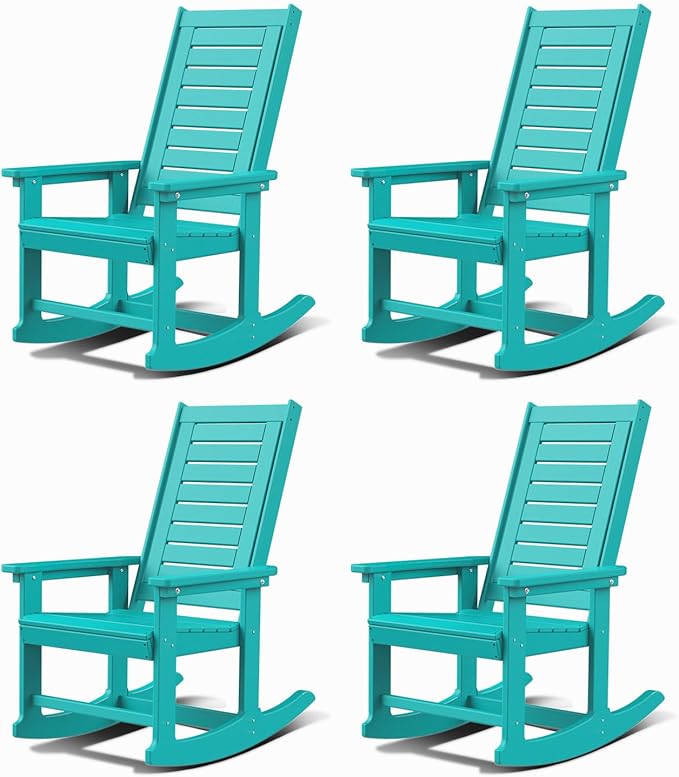 GREENVINES Outdoor Rocking Chairs | Set of 4 | Porch Rocker | HDPE Plastic | Aqua | Oversized Rockers | High Back | Big & Tall | Ladder Back | for Patio Outside Backyard Balcony Garden