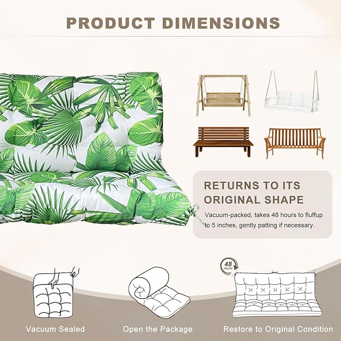 Porch Swing Cushion with Backrest,Waterproof Bench Cushion for Outdoor Furniture,2-3 Seater Replacement Thickened Swing Cushion with Ties,Patio,Outdoor,Backyard and Garden (Fresh Leafy,60x40")
