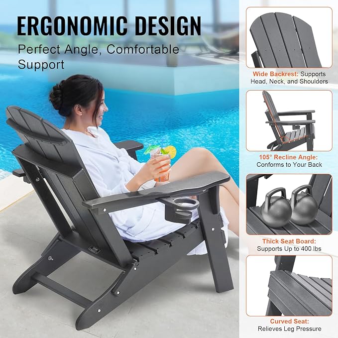 VEVOR Folding Adirondack Chairs Set of 2 with Cup Holder, All-Weather Portable Plastic Fire Pit Chair, Outdoor Adirondack Patio Chair, with Relaxing Arm Rest Ergonomic, for Garden, Backyard, Gray
