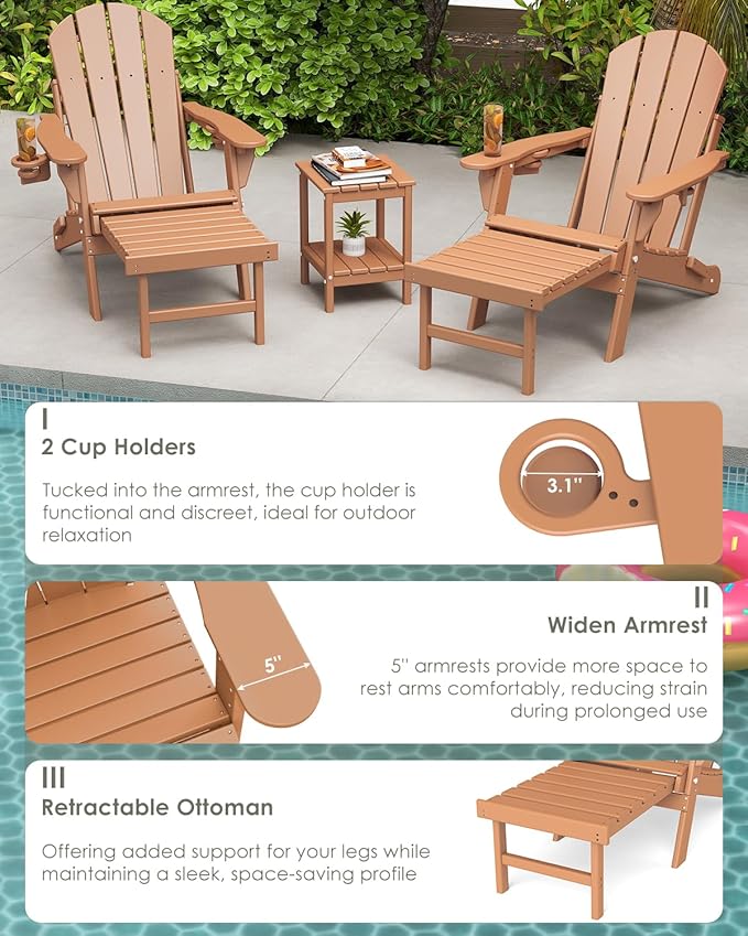 GREENVINES Adjustable Adirondack Chair with Retractable Ottoman Set of 2 | Folding | 2 Cup Holders | HDPE Plastic | Fire Pit Chairs w/Foot Rest | Teak | for Outdoor Poolside Patio Deck