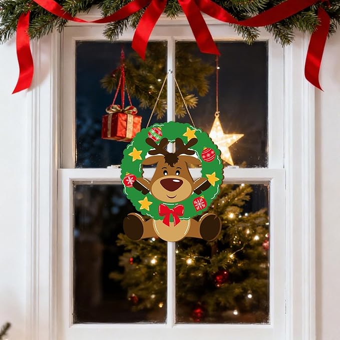 Whaline Christmas Reindeer Wooden Hanging Sign Xmas Cute Reindeer Wreath Welcome Wood Sign Holiday Door Decor Signs for Farmhouse Home Indoor Outdoor Porch Wall Office Decor