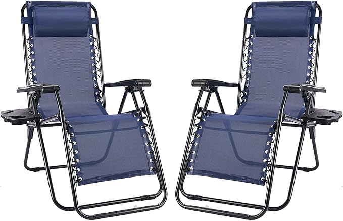 NEWBULIG Zero Gravity Chair Set of 2, Lounge Chair Folding Portable Adjustable Camping Reclining Chairs with Adjustable Pollow, Mesh Back, Cup Holder Trays Lawn Patio Chair for Pool Beach - Blue