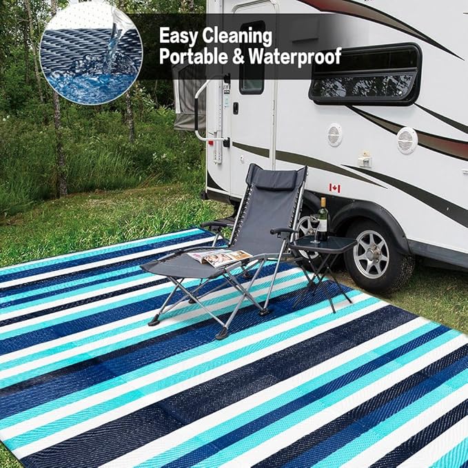HUGEAR Outdoor Waterproof Rug 8'x10' Plastic Straw Rugs Washable Reversible Floor Mat Blue Stripe Carpet for Camping RV Deck Entryance Porch Picnic Balcony Beach Backyard
