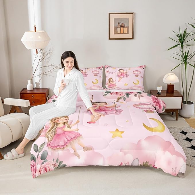 Erosebridal Pink Fairy Twin Bedding Sets for Girls - Butterfly & Floral Comforter Set for Kids Teen, Moon and Stars Flower Bed Set | Cute Fairies Room Decor with 1 Pillowcase