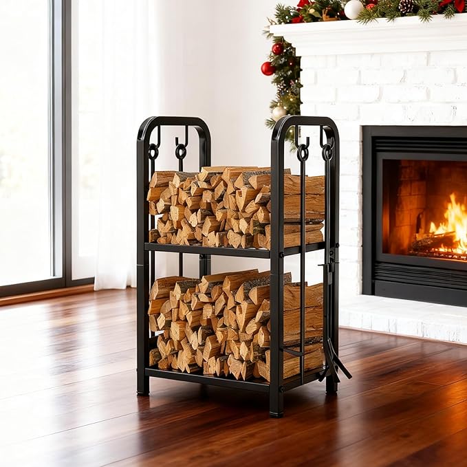 HONEST OUTFITTERS Firewood Rack Indoor, 2-Tier Firewood Rack Outdoor with 4 Pieces Fireplace Tools Set, Heavy Duty Log Wood Holder for Fireplace, Fire Pit, Wood Stove Black