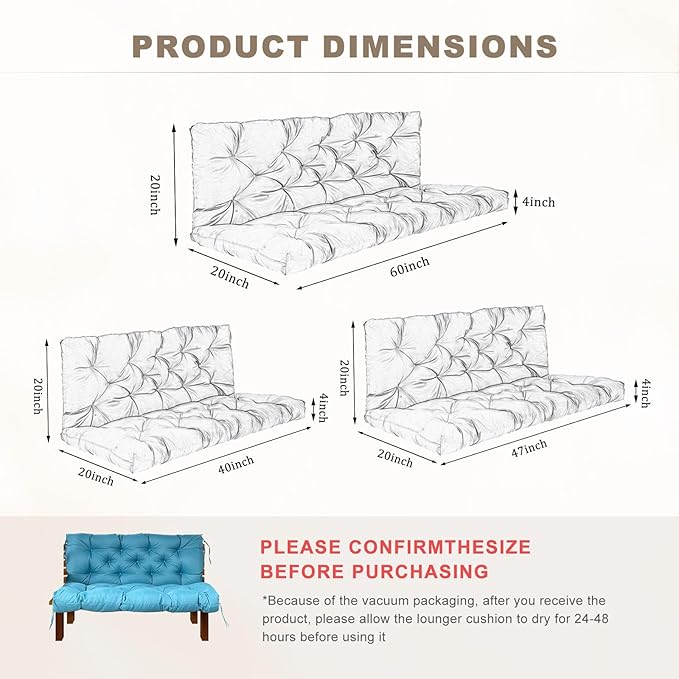 Porch Swing Cushion with Backrest,Waterproof Bench Cushion for Outdoor Furniture,2-3 Seater Replacement Thickened Swing Cushion with Ties,Patio,Outdoor,Backyard and Garden (SkyBlue,40x40)