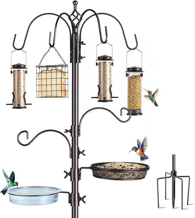 Bird Feeding Station Kit, 94 Inch Metal Birds Feeder Stand Pole with 6-Hook, Bird Bath and Mesh Tray, 5-Prong Base