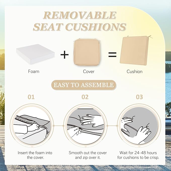Waterproof Outdoor Chair Cushions Set of 2, Square Outdoor Seat Cushions with Ties and Removable Covers, 19 x 19 Outdoor Cushions for Patio Furniture with Portable Handle(Beige)