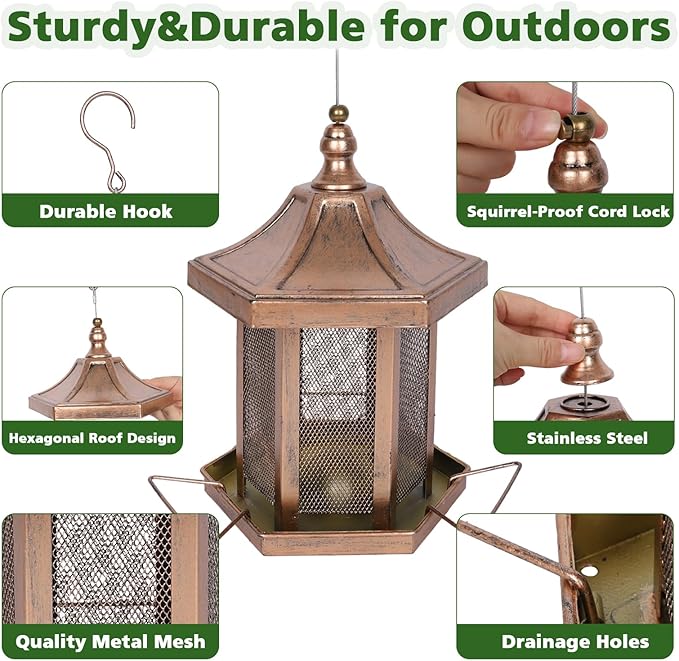 Metal Bird Feeder for Outdoors Hanging, Hexagon Bird Feeders for Garden Yard, 3LB Wild Birdfeeder Squirrel Proof for Outside