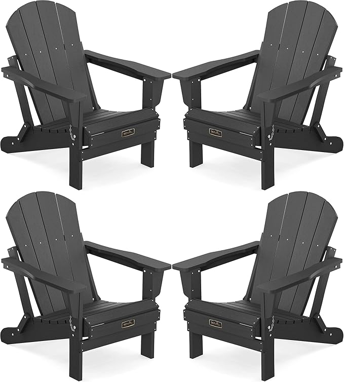 SERWALL Foldable Adirondack Chair Set of 4 for Patio Garden Outdoors Fire Pit-Black