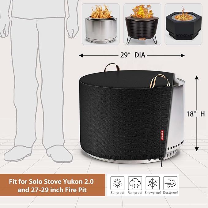 [2026 Upgraded 900D Fabric] Fire Pit Cover Round for Solo Stove Yukon, 30"D x 18"H fits 27"- 29" Fire Pit, 900D Heavy Duty Waterproof Fabric for Outdoor Camping - Black