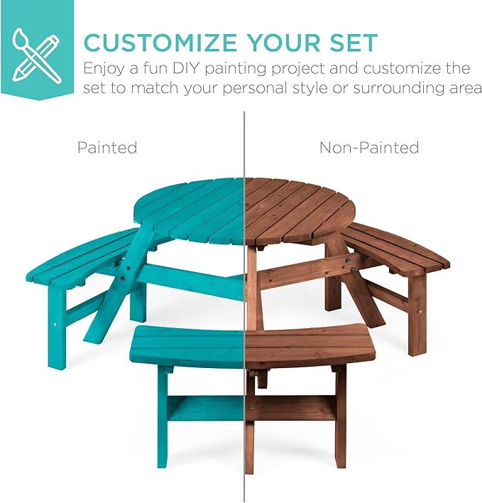 Best Choice Products 6-Person Circular Outdoor Wooden Picnic Table for Patio, Backyard, Garden, DIY w/ 3 Built-in Benches, 500lb Capacity - Walnut Brown
