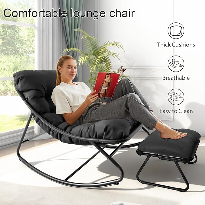 Patio Rocking Chair with Ottoman Outdoor & Indoor, Rocking Chairs Padded with Foot Rest, 330lbs Capacity, Metal Outdoor Rocker for Garden, Deck, Living Room, Bedroom, Balcony (Gray)