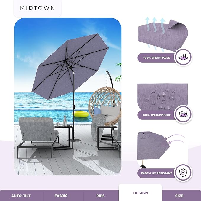 Midtown Umbrellas - 10-Year-No-Fade 6 Ft Patio Umbrella with Terylast Fabric, Auto-Tilt Aluminum Frame and 8 Reinforced Ribs for Deck, Pool, Garden & Beach - Purple Texture Canopy, Black Pole