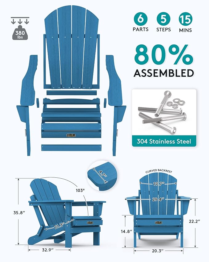 SERWALL Folding Adirondack Chair Set of 6 for Patio Garden Outdoors Fire Pit- Sapphire