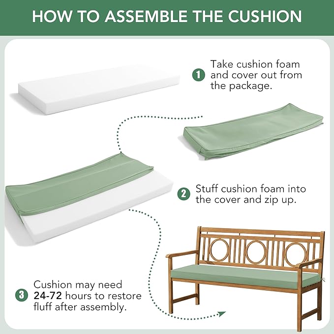 Outdoor Bench Cushion: Waterproof and Fade Resistant Patio Furniture Cushions - Non-Slip Bench Pad Cushion with Removable Cover for Garden Swing Porch Sofa Settee, 59 x 18 Inch, Sage Green