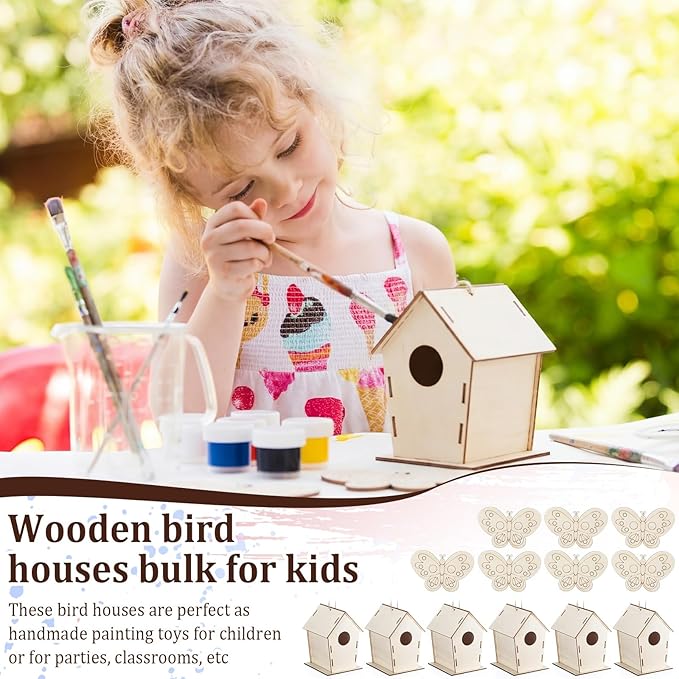 DoubleFill 48 Pack Wooden Bird Houses Bulk, Butterfly Wood Chips for DIY Unfinished Hanging Birdhouse Kits, Wooden Craft Houses to Paint Easter VBS Craft Family Crafts Party Favor