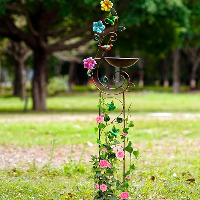 57" Height Metal Bird Bath with Trellis for Outdoor, Vintage Decorative Bird Baths, Small Garden Plant Support, Antique BirdBath for Climbing Plants with Detachable Iron Bowl (Butterfly)