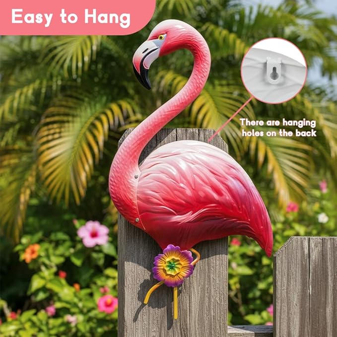 Large Pink Flamingo Wall Decor-Tropical Bird Decor for Indoor Outdoor, Metal Flamingo Outdoor Wall Art Decor Rust-Resistant, Wall Hanging Present for Garden & Home Decor