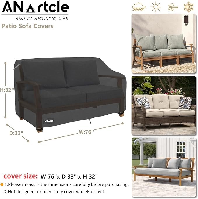 3-Seater Patio Sofa Cover,76W x 32.5D x 33H Inches Outdoor Couch Cover,100% Waterproof Heavy Duty Patio Sofa Covers,Patio Furniture Covers,Black
