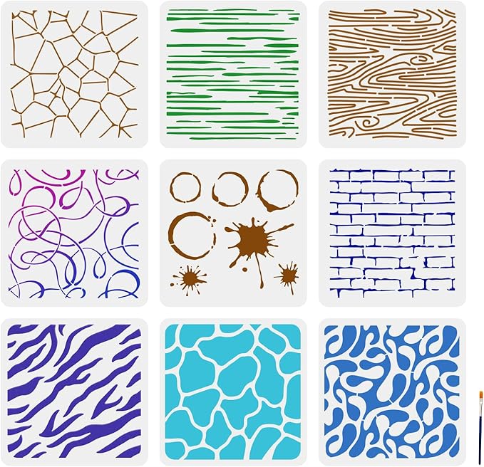 MAYJOYDIY 9pcs Texture Painting Stencils Marble Brick Crackle Background Spray Paint Art Stencils 11.8×11.8inch with Paint Brush for Wood Canvas Paper Floor Tile