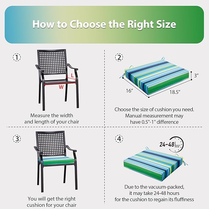 Outdoor Chair Cushions Set of 6, 18.5 x 16 Inch Patio Chair Cushions for Outdoor Furniture, Water Resistant Outdoor Patio Chair Cushions with Non-Slip Ties(Blue & Green Pinstripe)