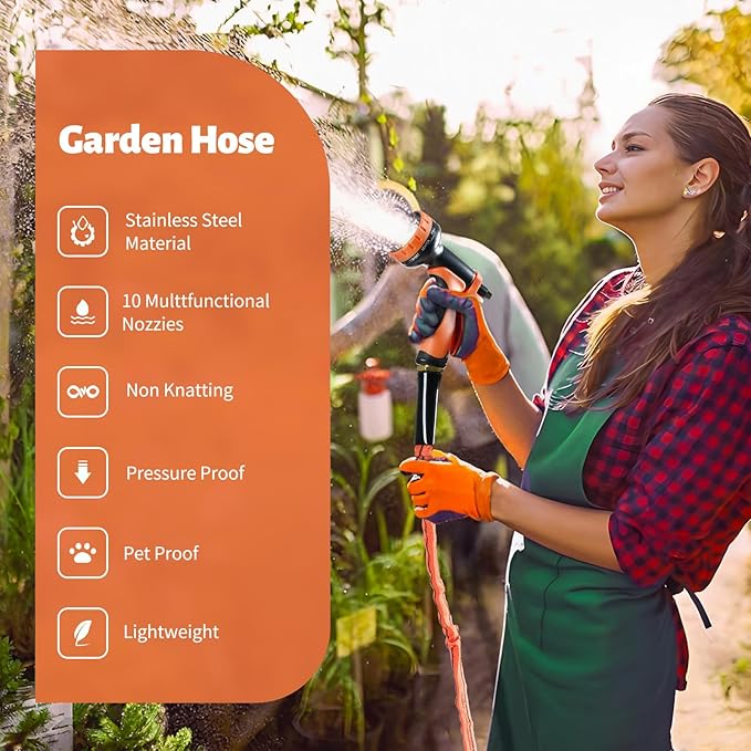 Garden Hose 75 FT,Non-Expanding,10 Functional Nozzles,Garden Hose anti-kink,Heavy Duty Flexible Water Hose 75 FT,Suitable for Outdoor,Yard, Car Washing (orange color, 75ft)