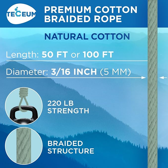TECEUM Cotton Rope 3/16” (5 mm) – 100 FT – Strong All-Purpose Braided Rope – Natural Cotton – for Crafting, Сamping, Clothes Line, DIY, Indoor & Outdoor Use – Soft Sage