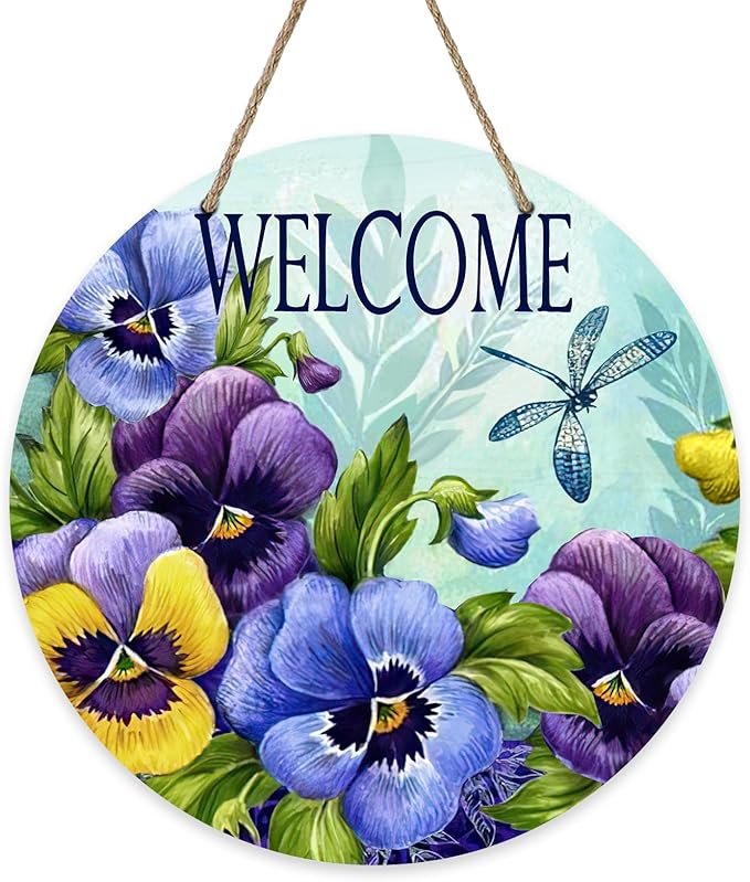 Deroro Welcome Spring Summer Floral Flower Sign for Front Door Decor, Pansy Dragonfly Wood Door Hanger for Outdoor Outside Porch, Seasonal Vintage Wooden Wreath Indoor Wall Hanging Decoration