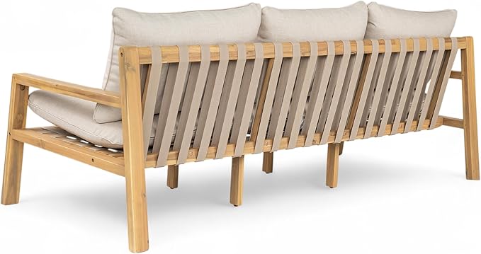 Christopher Knight Home Kaylle Outdoor 3 Seater Sofa with Cushion, Acacia Wood Patio Lounge Sofa with Woven Rope Backrest, Spacious Seating Couch for Backyard Garden Porch, Light Teak + Beige