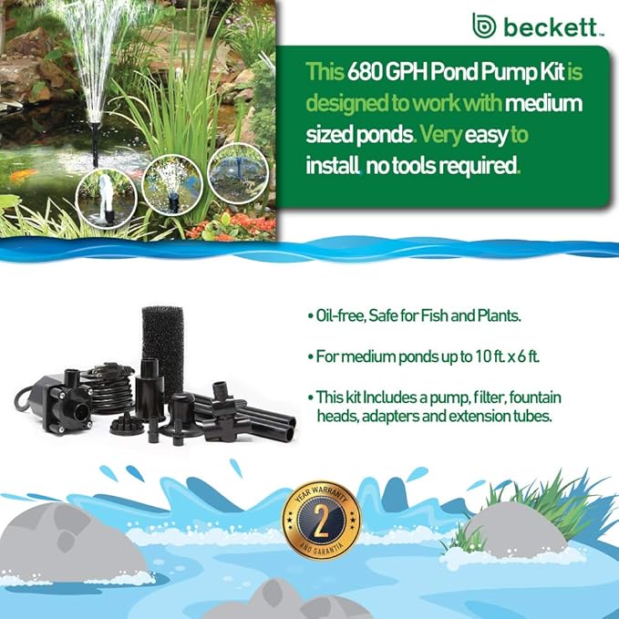 Beckett FR680 Pond Pump Set Submersible Water Pump, Pond Pumps for Outdoor Ponds, Maximum Flow of 680 Gallons Per Hour, Black