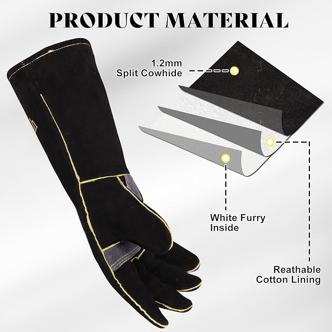 Leather Oven Gloves for Women Man, Heat Resistant Fire Long Sleeve Gloves for Tig Mig Stick BBQ Fireplace Animal Handling (14in)