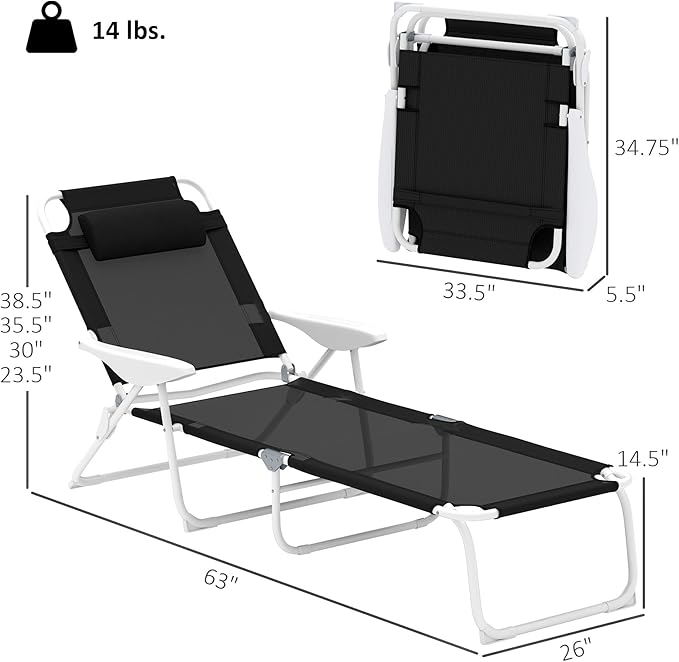 Outsunny Folding Lounge Chair, Portable Outdoor Chaise Lounge, Sun Tanning Chair with 4-Position Reclining Back, Armrests, Metal Frame and Mesh Fabric for Beach, Yard, Patio, Black