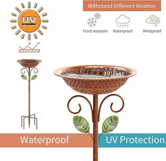 Metal Bird Bath for Outside Garden Birdbath Bowl, 42.1" Height Bird Feeders for Outdoors with 5 Prongs Base Stake, Standing Birdfeeders Bath Bowl for Yard Lawn Decor (Vintage Copper)