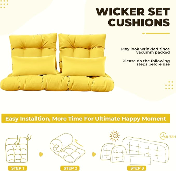 Wicker Chair Cushions of 5 Pieces, Waterproof Outdoor Loveseat Cushion for Wicker Furniture, 1 Love Seat Cushion, 2 U-Shape and 2 Lumbar Pillows for Patio Furniture (Yellow)