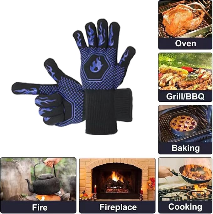 BBQ Grill Gloves Heat Resistant 1472℉ High Temp Resistance Fireproof Glove for Grilling Smoking Barbecue Washable Long Oven Extreme Hot Proof Mittens for Kitchen Baking (Blue)