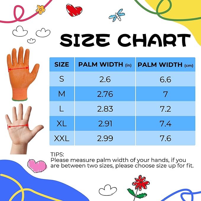 HANDLANDY 2 Pairs Kids Gardening Gloves, Toddler Children Garden Yard Work Outdoor Playing Gloves, Rubber Coating, for Girls Boys Youth (Size L, Orange)