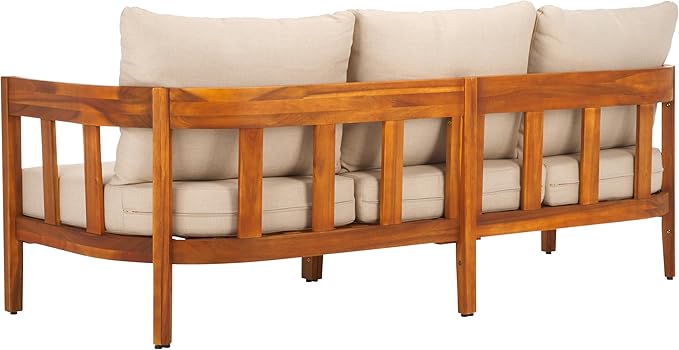 SAFAVIEH Outdoor Collection Owen Natural Teak Solid Wood/Taupe Cushion 3-Seater Sofa
