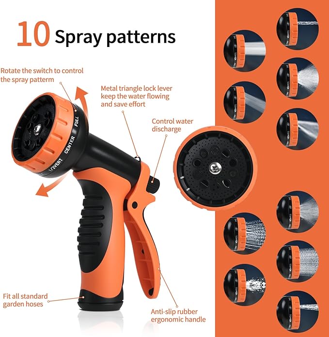 Garden Hose 75 FT,Non-Expanding,10 Functional Nozzles,Garden Hose anti-kink,Heavy Duty Flexible Water Hose 75 FT,Suitable for Outdoor,Yard, Car Washing (orange color, 75ft)