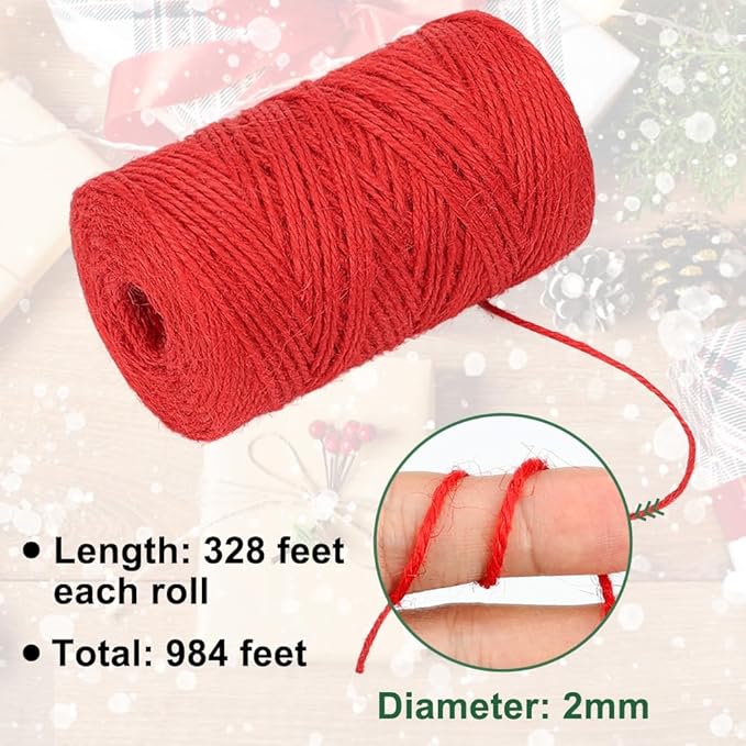 Tenn Well Colored Jute Twine, 3 Rolls 984 Feet 2mm Red Green Brown Jute String, Christmas Twine for Gift Wrapping, Holiday Decorations, Bundling, DIY Crafts