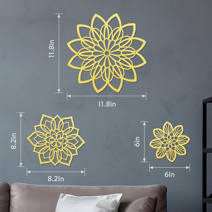 3 Pieces Metal Flowers Wall Decor, Black Wall Decoration Metal, Flower Art Wall Decor Farmhouse Wall Decorations Multiple Flowers Hanging Decor for Bathroom Living Room Home Kitchen Garden Office (Gold Elegant)
