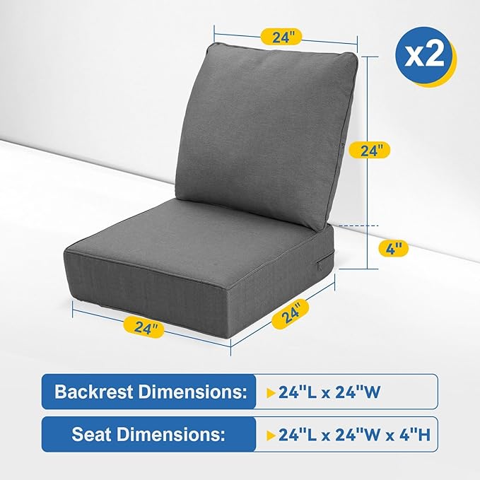 Outdoor Deep Seat Cushions Set of 2 for Patio Furniture, Waterproof & Fade Resistant Replacement Cushions with Removable Covers, 24 x 24 Inch, Deep Gray