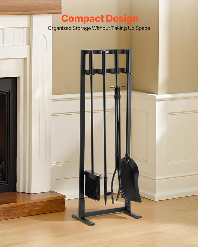 VEVOR Fireplace Tool Set, 5 PCS Fire Tool Set and Holder with Square-Frame Stand, Tongs, Ash Shovel, Brush, Fire Place Poker, Wrought Iron Steel Fireplace Accessories for Indoor/Outdoor, Black