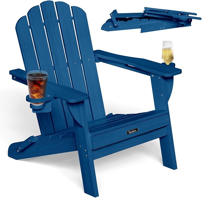 Folding Adirondack Chair, HDPE Adirondack Chair with 2 Cup Holders, Pre-Assembled Outdoor Fire Pit Chairs for Patio, Garden, Poolside, NavyBlue